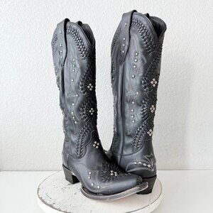 Lane COSSETTE Womens Cowboy Boots 7.5 Black Western Cowgirl Mid Calf Pointed Toe